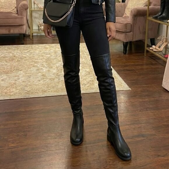 Black Faux Leather Over The Knee Boots Lace Up Back Thigh High Low Block Heel - Picture 4 of 5